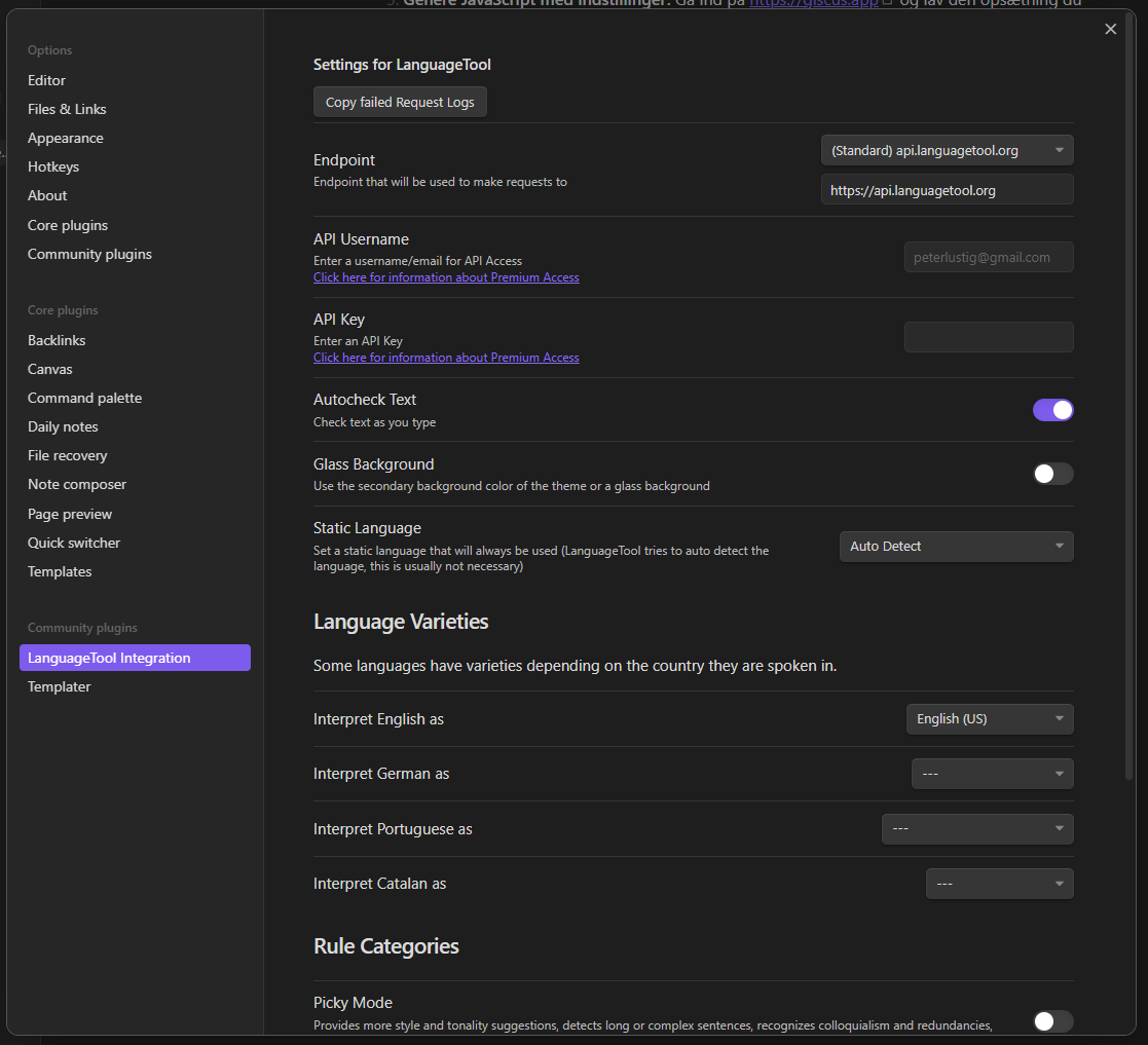 Obsidian LanguageTool settings