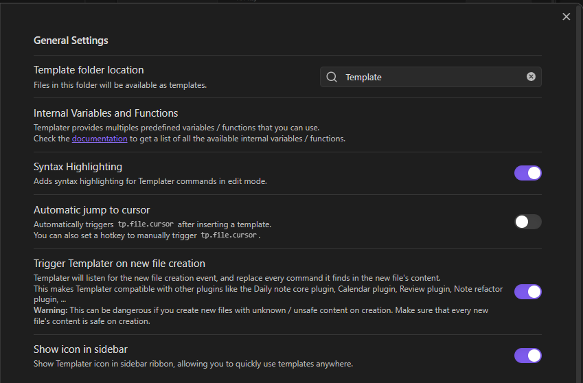 Obsidian Templater settings